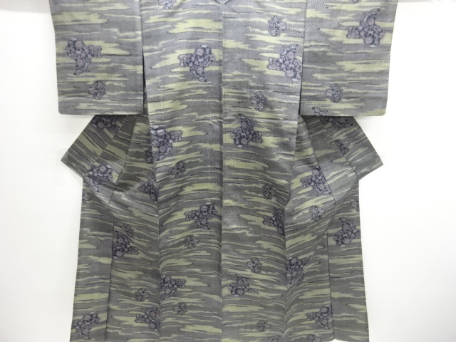 霞に花模様織出し手織り紬単衣着物